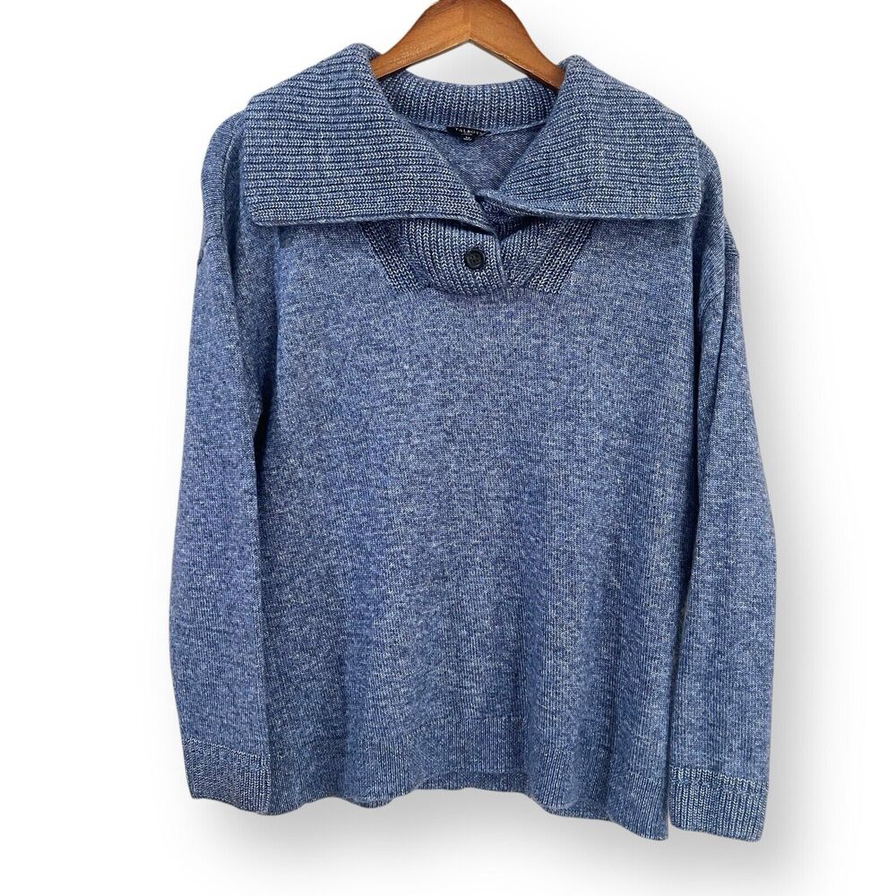 Talbots Sweater Petite Size LP Breton Button Collar Pullover Oxford Blue Heather - Picture 2 of 7